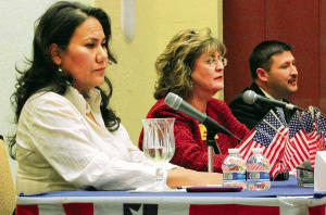 All three Candidates for County Judge, including incumbent Veronica Escobar, left, Aliana Apodaca, center, and Eddie Holguin Jr.