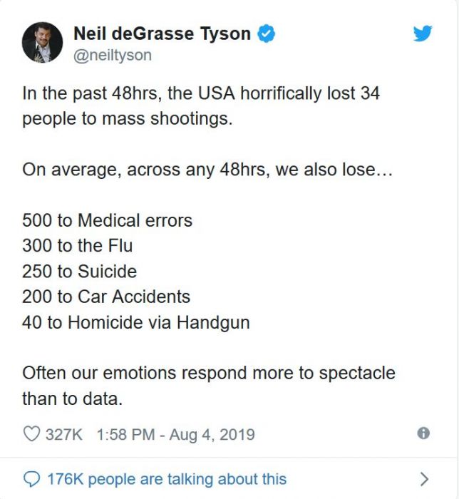 In the past 48hrs, the USA horrifically lost 34 people to mass shootings. On average, across any 48hrs, we also lose &hellip; 500 to Medical errors 300 to the Flu 250 to Suicide 200 to Car Accidents 40 to Homicide via Handgun Often our emotions respond more to spectacle than to data.
